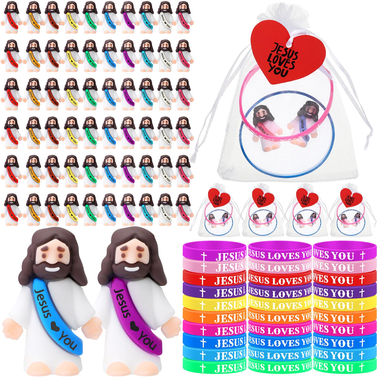 Figurines Jésus et bracelets en caoutchouc Bememo pour jeu de cachette église