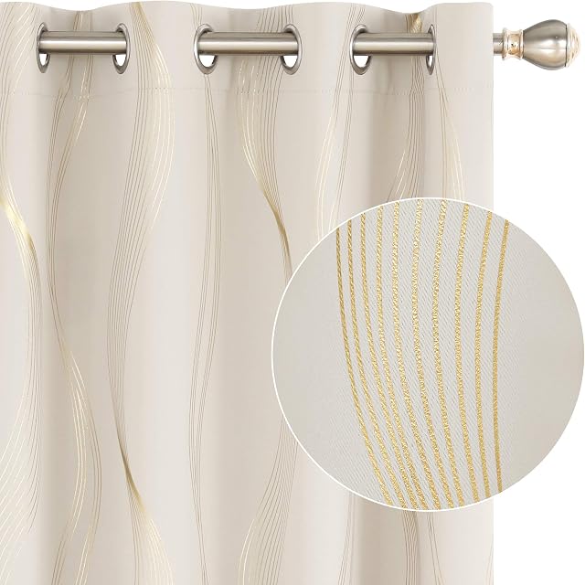 Deconovo Blackout Eyelet Curtains Thermal Insulated Gold Wave Line Foil Printed Curtains for Bedroom 46x54 Inch Beige 2 Panels