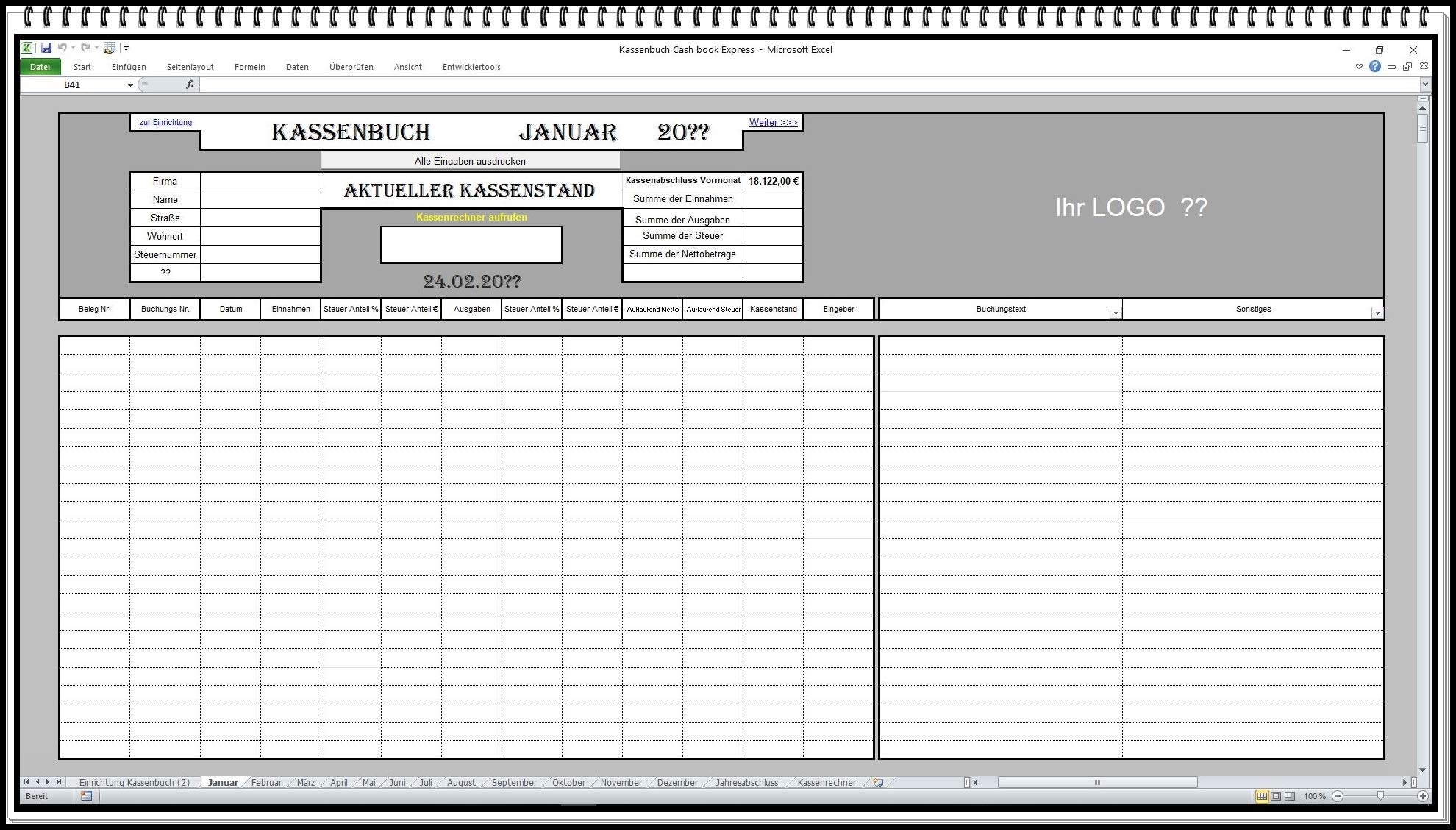 Elektronisches Kassenbuch-Software zur Berechnung von Einnahmen-Ausgaben-Überschuss Excel App auch 5% ud 16% MwSt