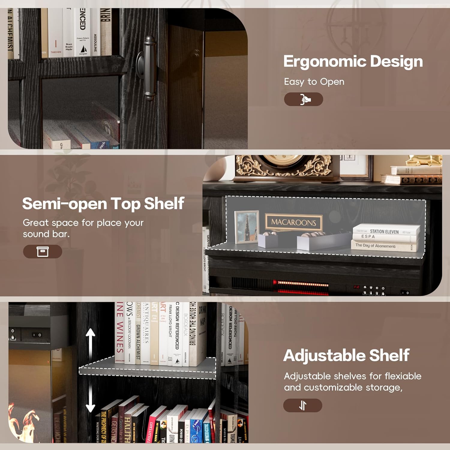 Flamaker Fireplace TV Stand for TVs up to 65'', 3-Sided Glass Media Entertainment Center Console with Storage, Adjustable Flame LED Color for Living Room (Black)