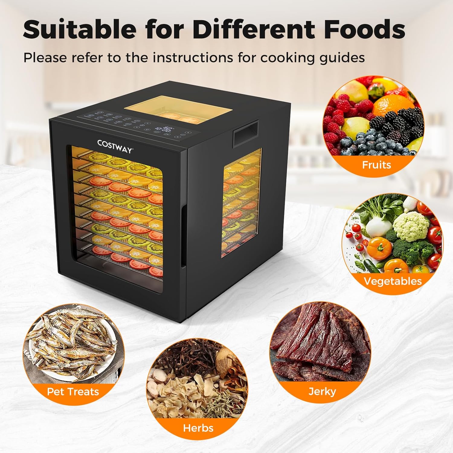 Various foods suitable for dehydration, including fruits, vegetables, jerky, herbs, and pet treats