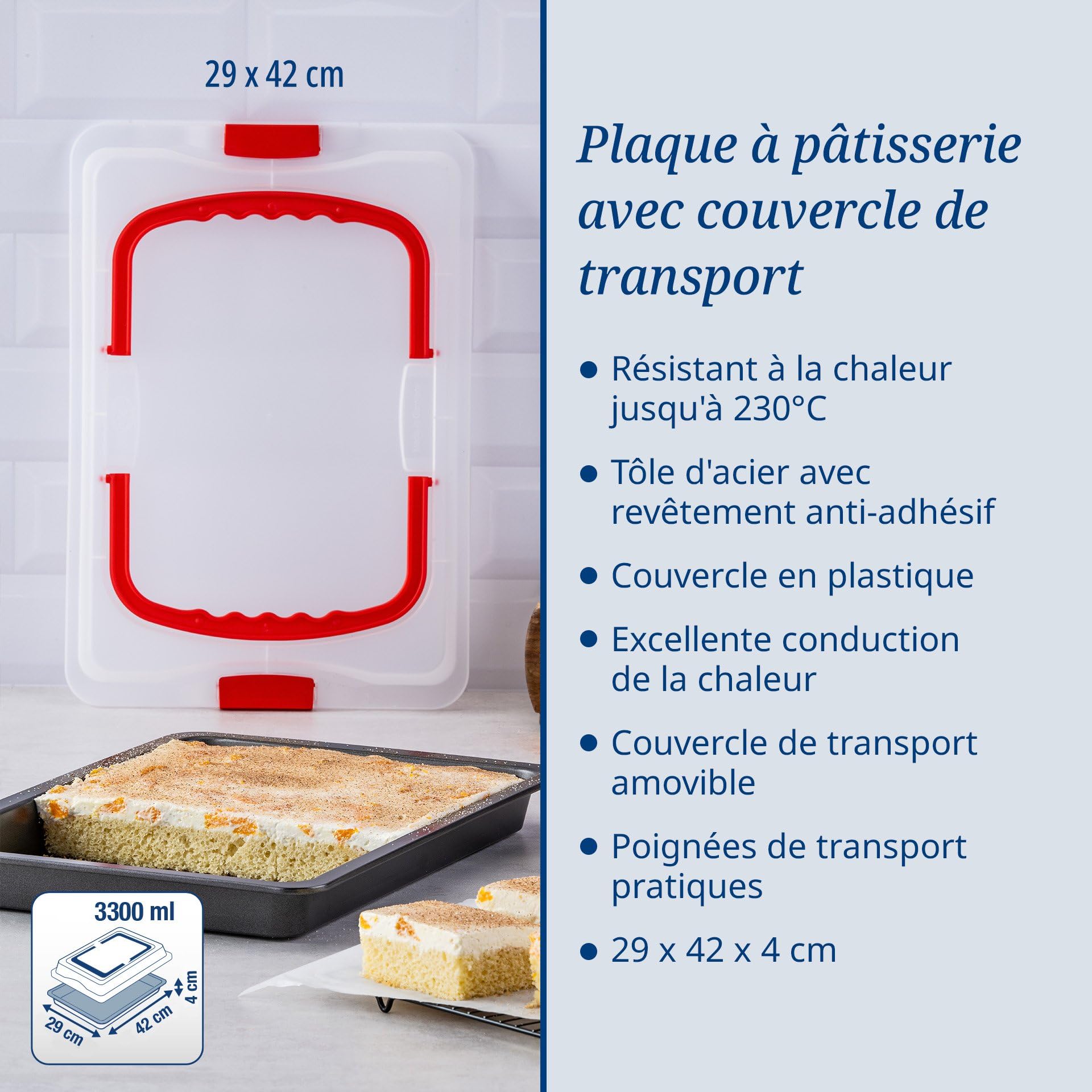 Dr. Oetker Bake & Go, plat à pâtisserie avec cloche de transport, Plaque de cuisson en Acier inoxydable et son couvercle en plastique, 42 x 29 x 4 cm | Plateau à gâteau rectangulaire avec couvercle antiadhésif pour gâteaux et gâteaux