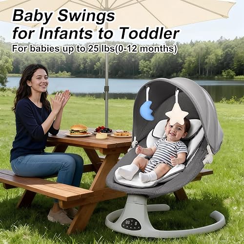 Miniatura 9 de Columpio de bebé para recién nacido a niño, columpio portátil de 5 velocidades con control táctil inteligente, control remoto, 10 canciones de cuna,