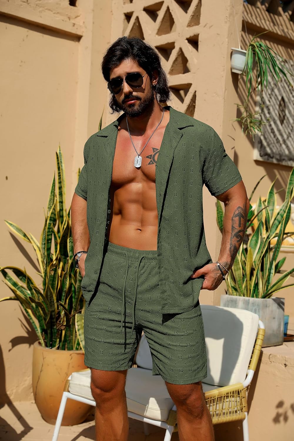 URRU Men's 2 Pieces Outfits Summer Beach Set See Through Sheer Short Sleeve Flower Lace Shirts and Shorts Sets - Image 2