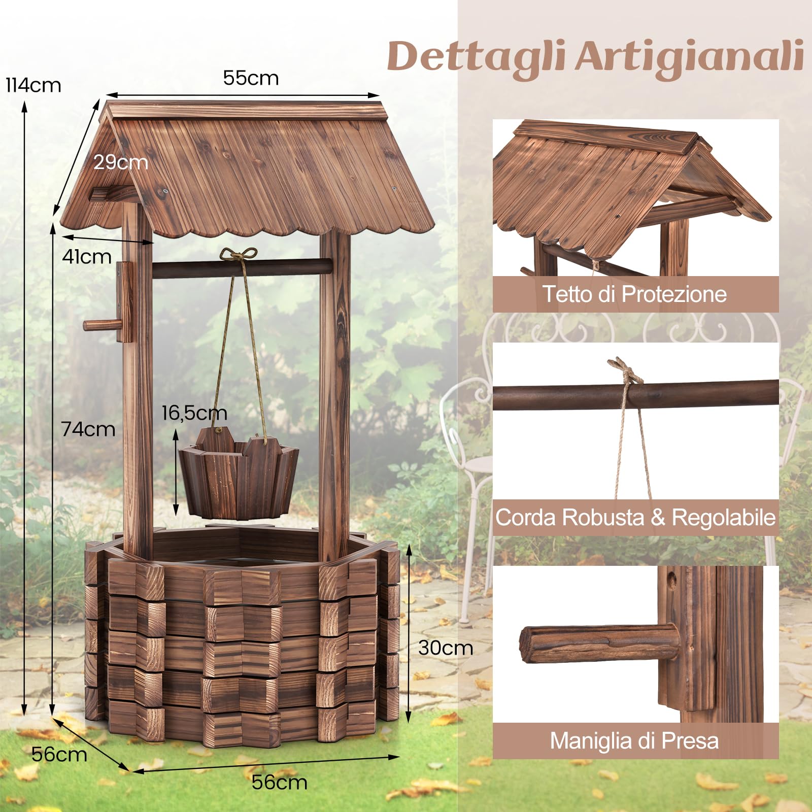 GYMAX Pozzo Decorativo da Giardino, Fioriera in Legno d'Abete con Pozzo, Secchio e Tetto, Resistente alle Intemperie, Effetto Invecchiamento, Decorazione per Prato, Cortile, Giardino, 57 x 57 x 114cm