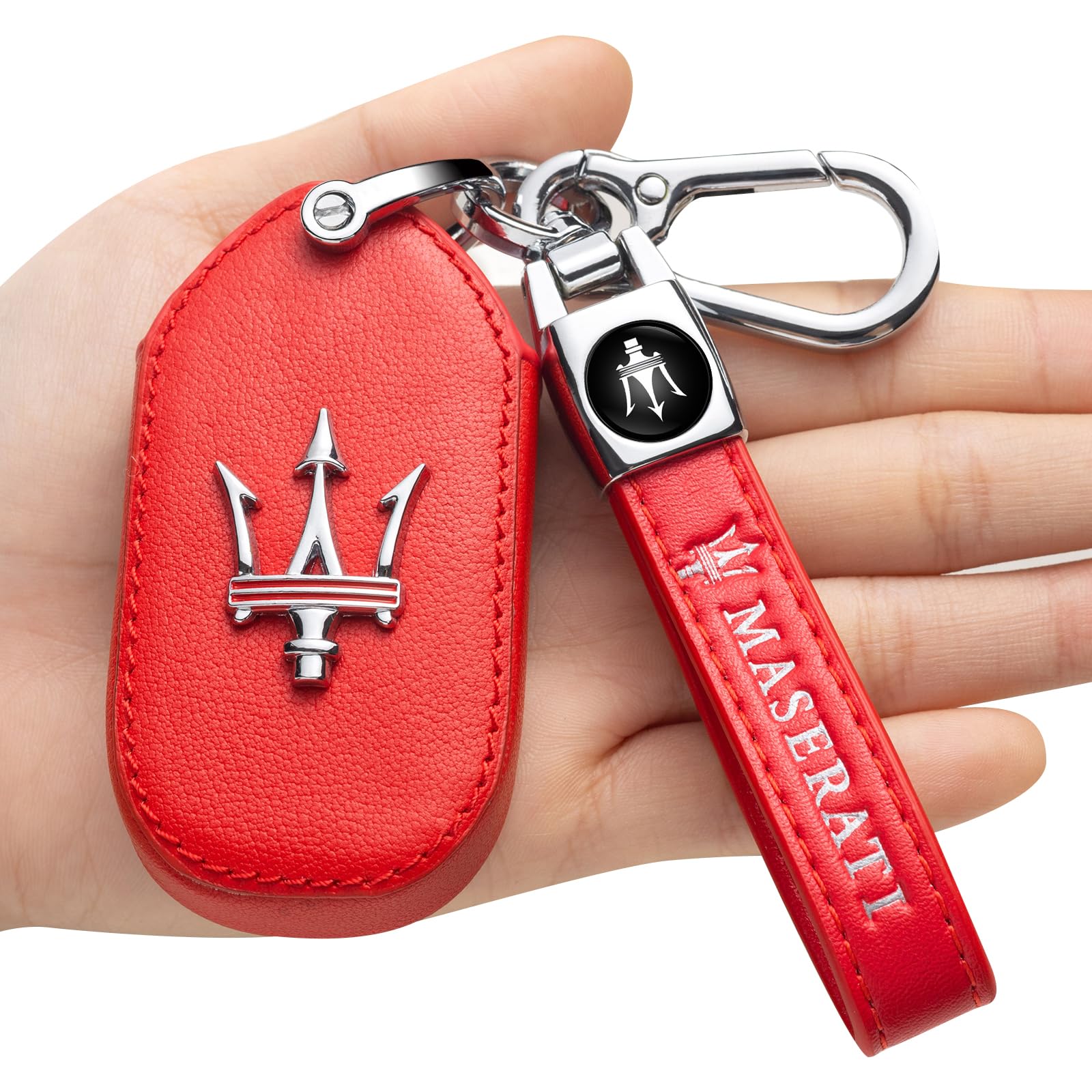Key case for Maserati,Key Fob Cover Leather key holder Remote Key Protection Case Suit for 2013-up Maserati Quattroporte, Ghibli, 2017-up Levante Smart key for man and women, Models a Red
