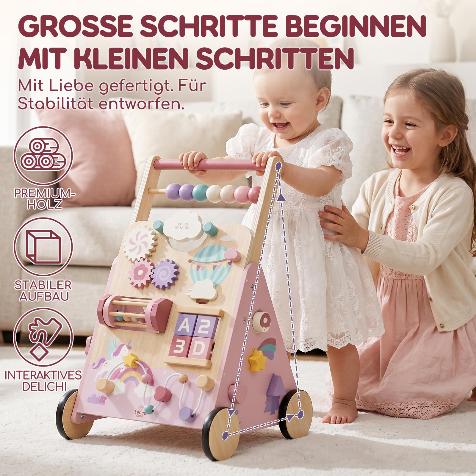Lehoo Castle Lauflernwagen Holz mit Bremse, Einhorn Laufwagen ab 1 Jahr | Einstellbare Bremse, 10-in-1 Activity Center, Einfache Montage, Rosa Einhorn-Design, Geschenk 1 Jahr Mädchen