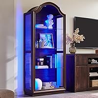 IFGET 72" Arched Glass Curio Display Cabinet with 20 Color LED Lights, Adjustable 4-Tier Shelves for Living Room - Brown