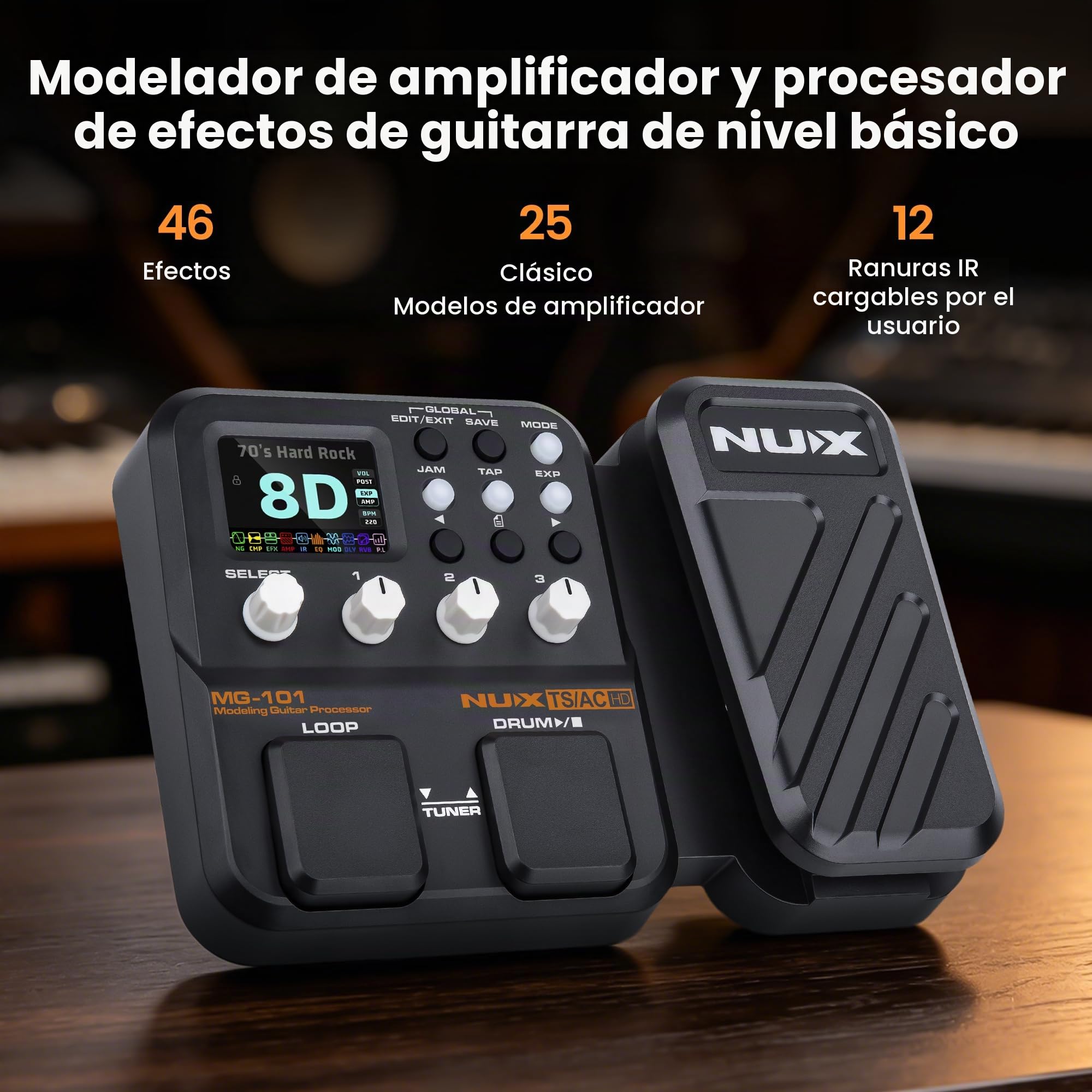 NUX MG-101 - Pedal de efectos múltiples, 25 modelos de amplificador clásicos, 512 muestras de resolución IR, 46 efectos, transmisión en directo fácil