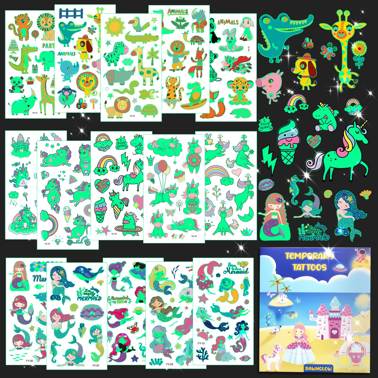 Dawnglow Tatuajes de Unicornios para Niños, 15 Hojas de Tatuajes Luminosos, Tatuajes de Sirenas, Tatuajes de Animales, Tatuajes Temporales que Brillan en la Oscuridad para Niñas y Niños