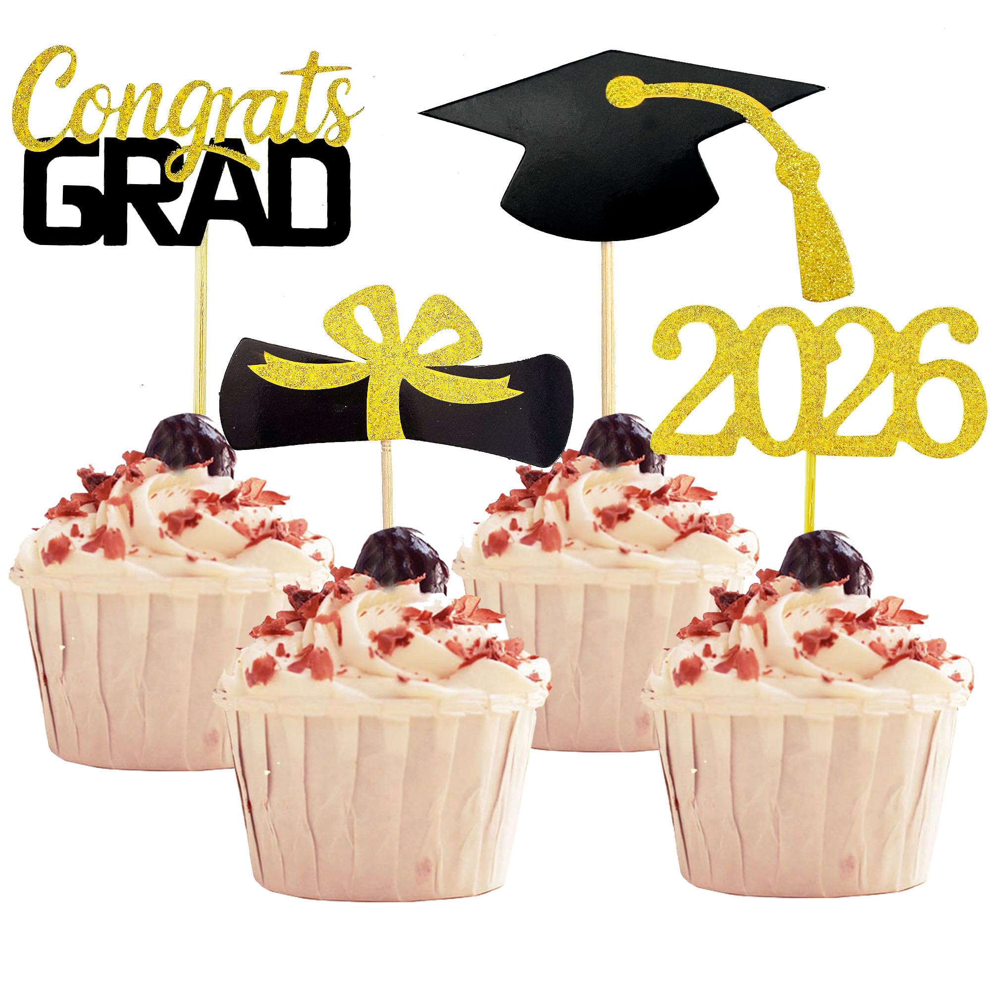 2026 Graduation Cupcake Toppers, 48 PCS Food/Appetizer Picks For Graduation Party Mini Cake Decorations, Diploma, 2026, Grad Cap Set 48 Pieces (01 Gold)