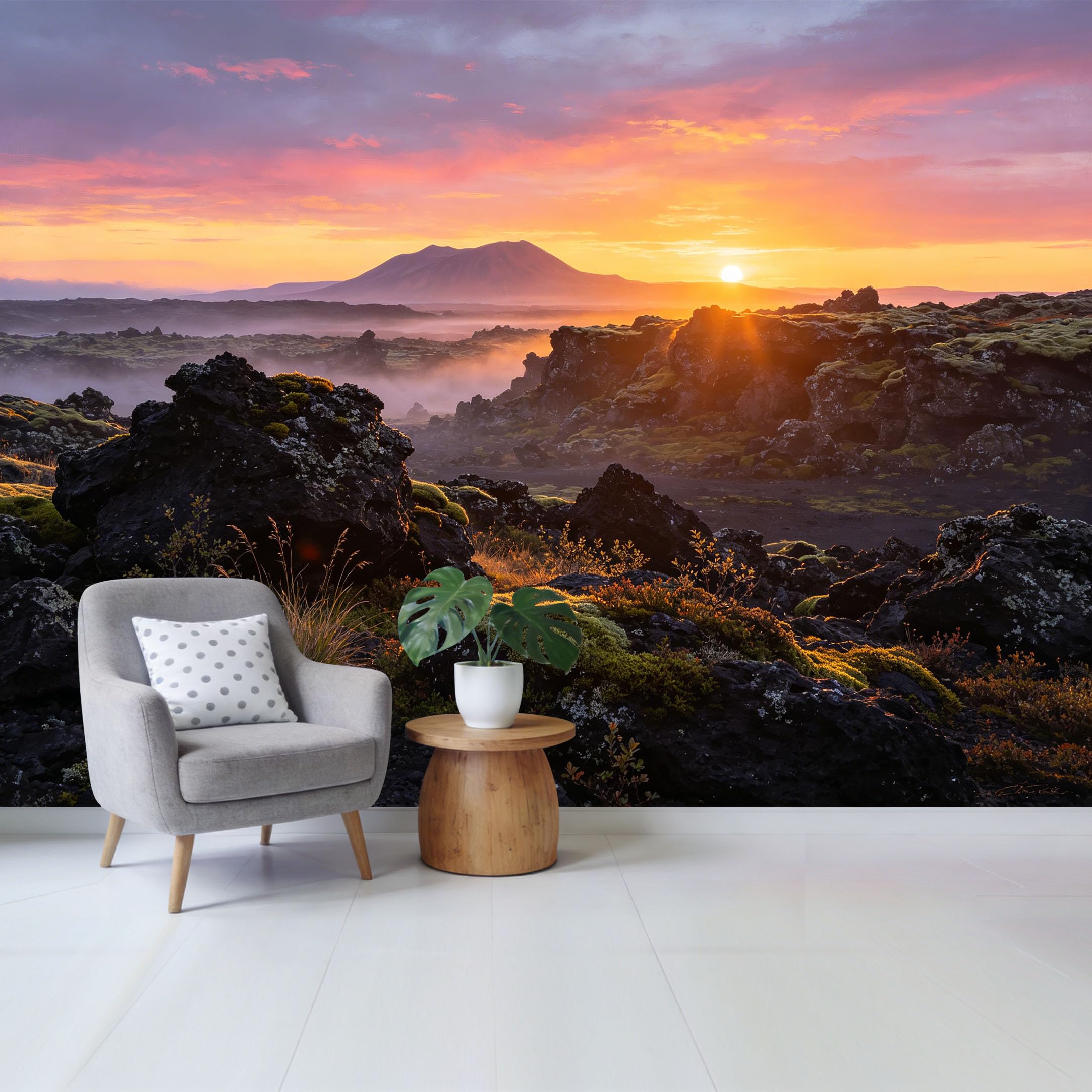 Custom Size Wall Mural Volcanic Landscape Sunrise Mountain Sunset View Removable Self Adhesive Fabric Home Wall Decor for Living Room Bedroom Bathroom