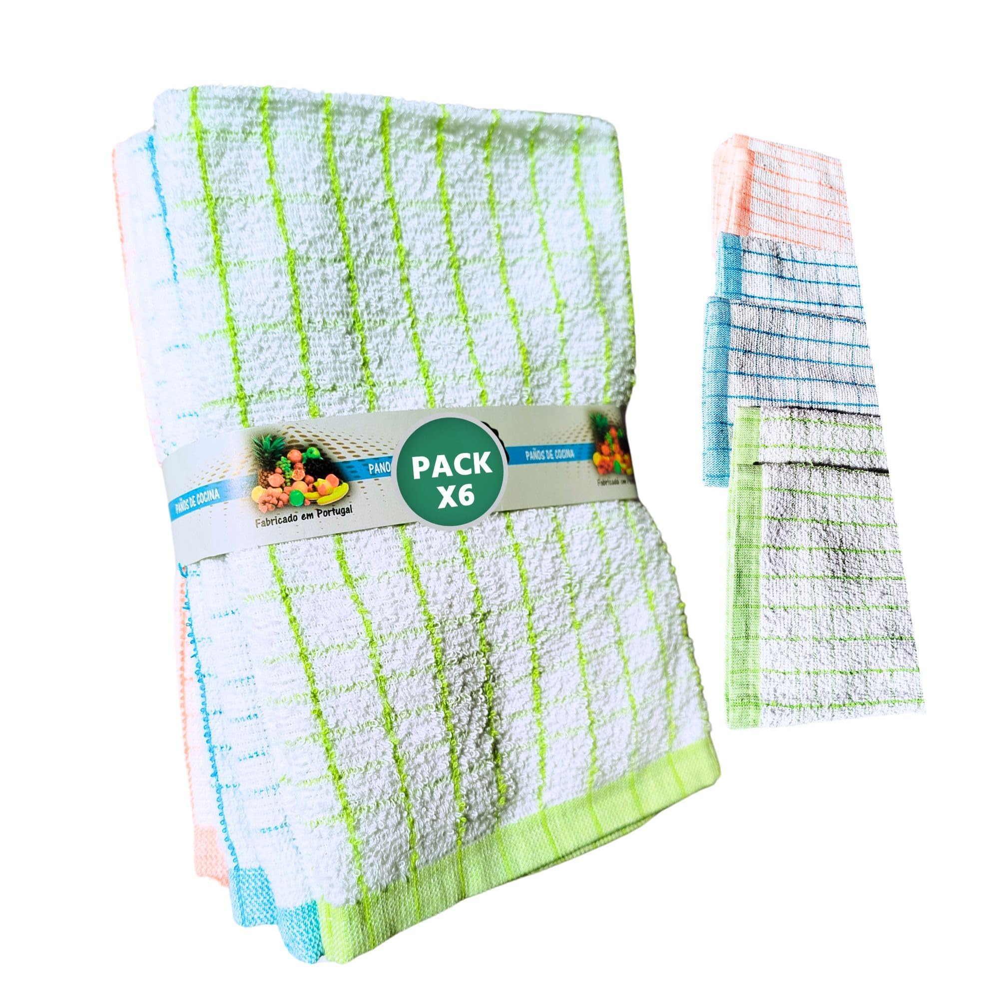 Paños De Cocina. Trapos De Cocina y hogar Absorbentes. Algodón 100% Hechos En Portugal. 6 Paños De Cocina Rizo Multicolor De 50x50 Cm, Pack 6 Unidades. (6, Rayas azul verde naranja)