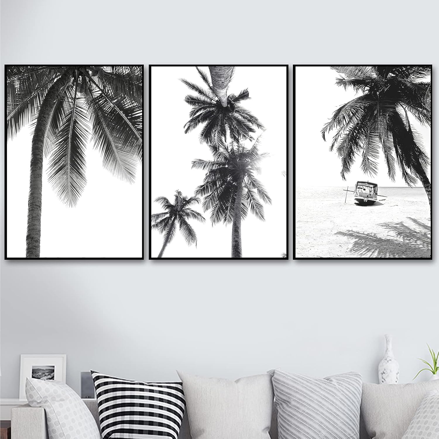 Vlolvfe Nordic Tropical Palm Tree Canvas Painting Black White Beach Print Landscape Wall Art Picture For Living Room Home Decor No Frame (16X24inchX3 Unframed)