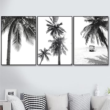 Vlolvfe Nordic Tropical Palm Tree Canvas Painting Black White Beach Print Landscape Wall Art Picture For Living Room Home Decor No Frame 20X28inchX3 Unframed