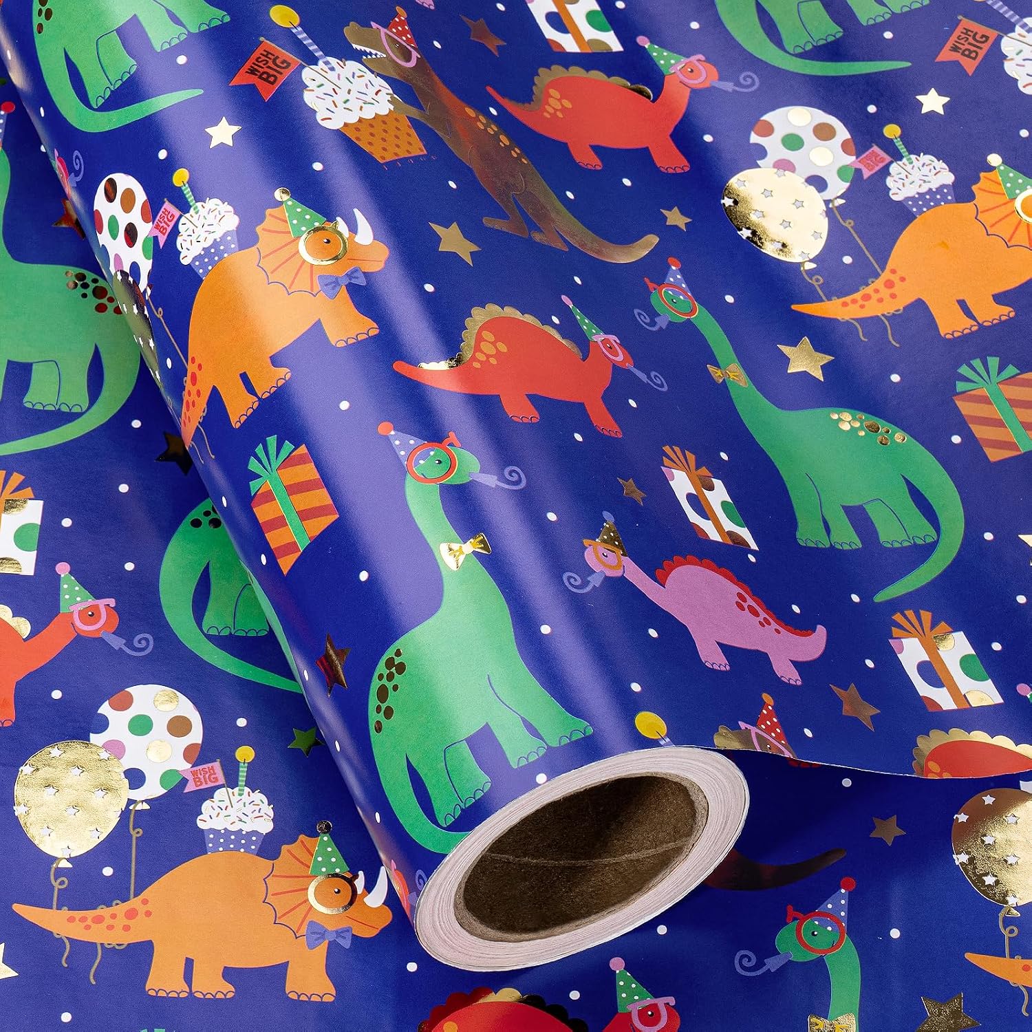 RUSPEPA Dinosaur Birthday Wrapping Paper Roll, Mini Roll, Gold Foil Colorful Party Dinosaur Design, Navy Blue Gift Wrap Paper for Boys, Kids Birthday Party, Baby Shower, 17 Inches x 9.8 Feet image 2