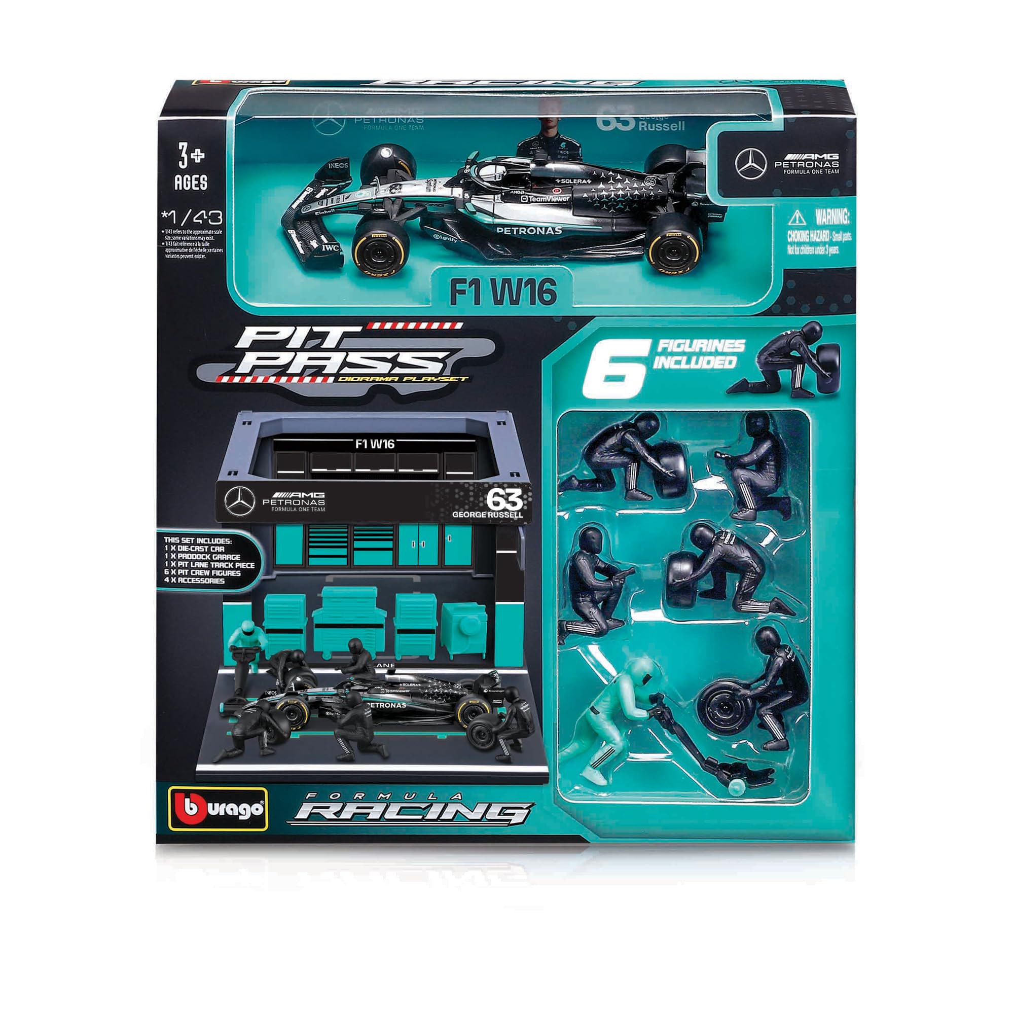 1:43 Scale Race Formula Mercedes W16 Pit Pass Paddock Set (2025), Russell #63
