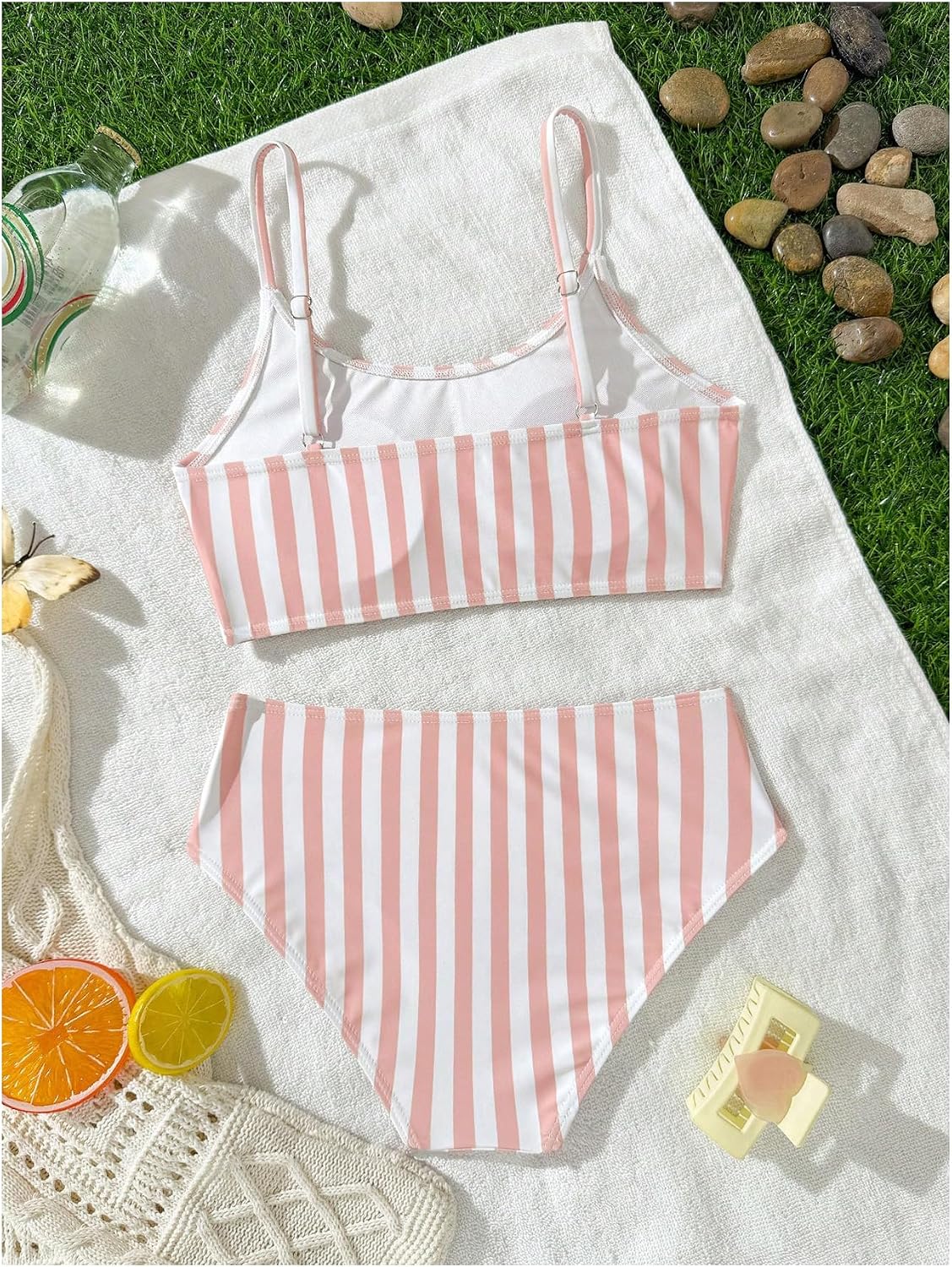 RoseSeek Girls 2 Piece Striped Bikini Set Spaghetti Strap Swim Top with Thong Bottom Cute Swimsuits for Teen