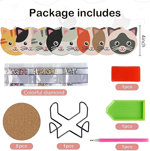 Miniatura 8 de Juego de 8 posavasos de arte de diamantes de gato de Navidad con soporte, posavasos de pintura de diamante de gato de Navidad, posavasos de pintura