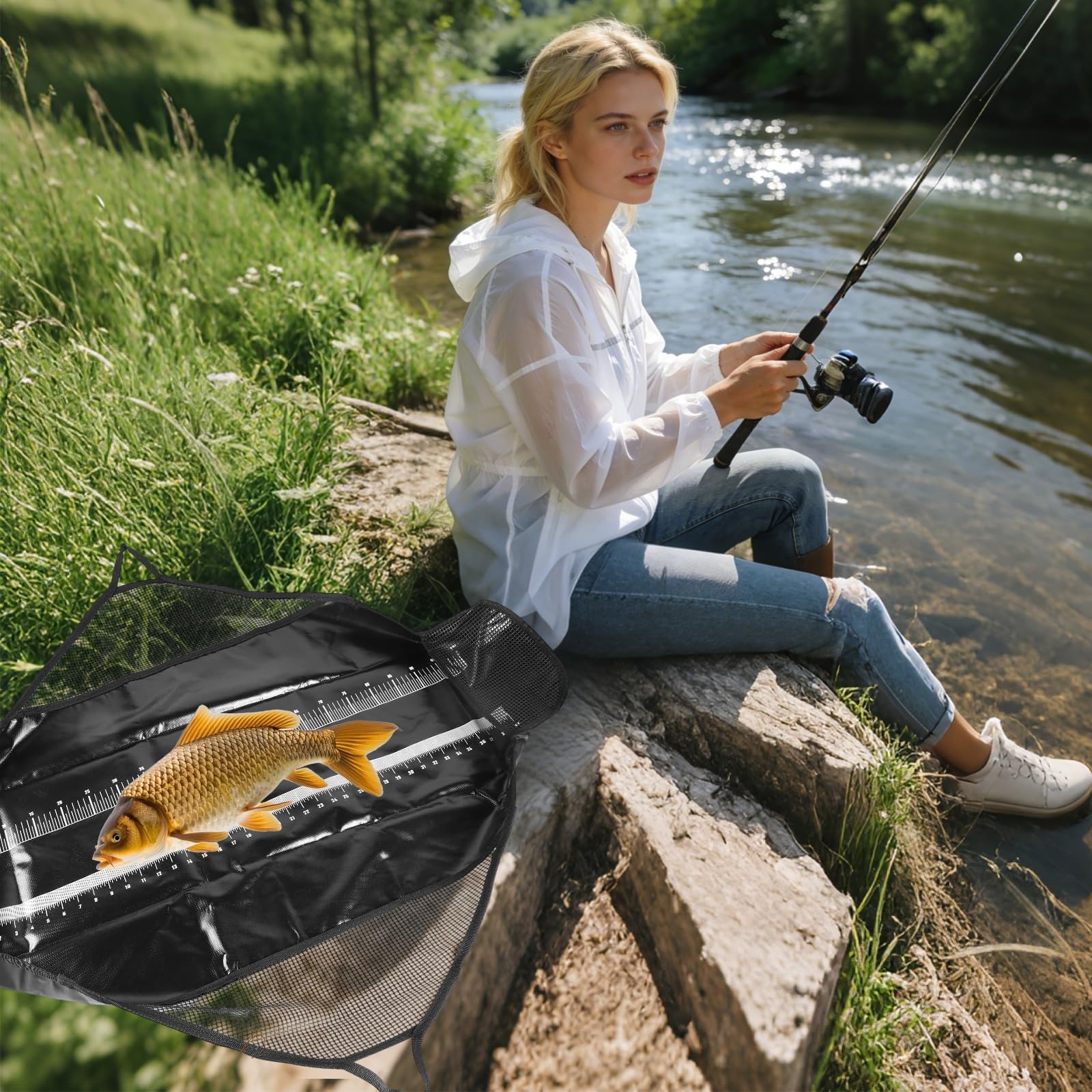 Abhakmatte-Angeln,Abhakmatte Mit Maßband,Fischmatte Mit Griffen,Bedruckten Skala Unterstützt Diese FischmaßMatte Für Karpfen Welse Und Raubfisch,120x65 cm Faltbar Wasserdicht PVC