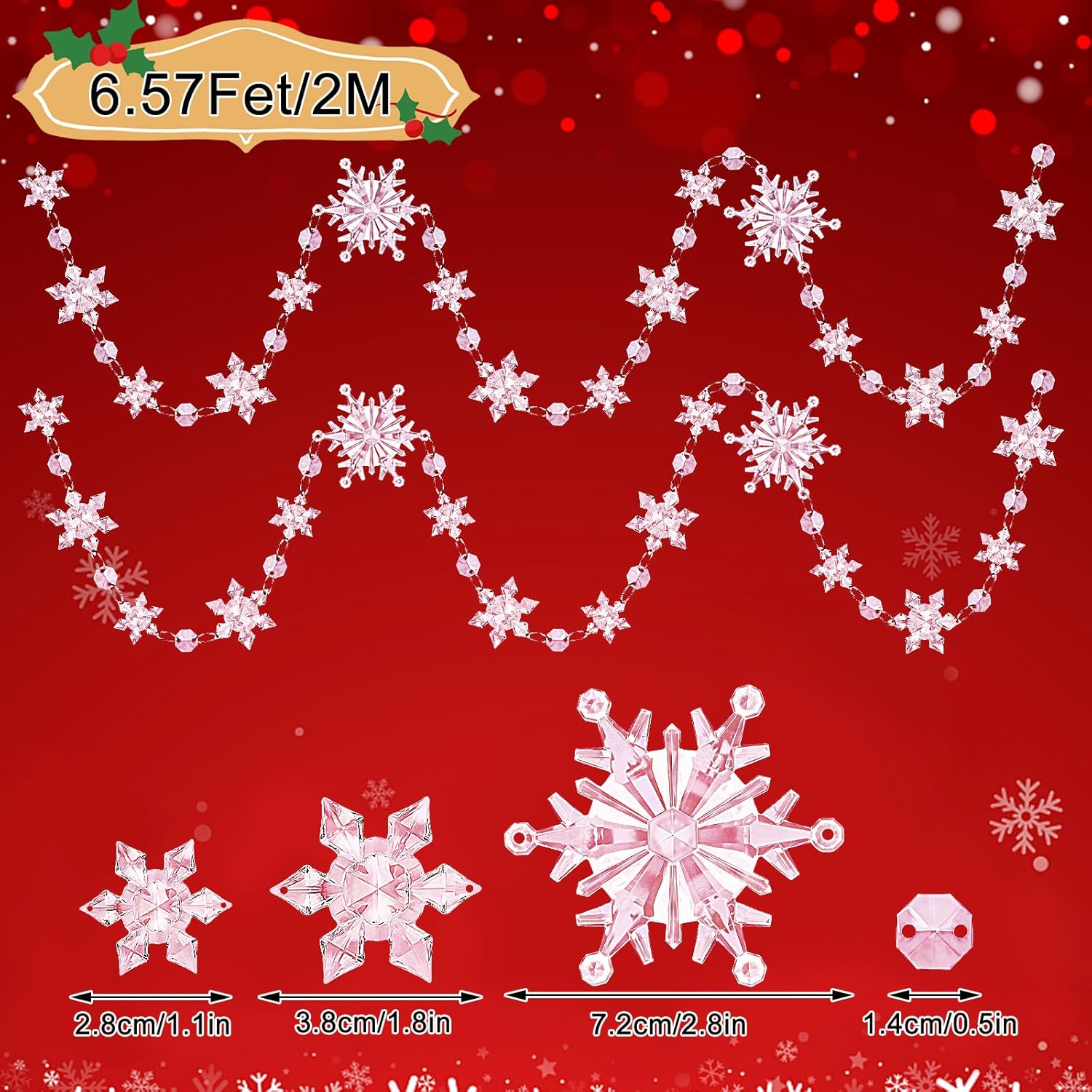 Jansun 13.14 Ft Christmas Clear Snowflake Garlands, Acrylic Snowflake Christmas Beaded Garland Decoration for Tree Fireplace Wreath Windows Home Holiday Ornaments（2 Pcs, 6.57 ft ）