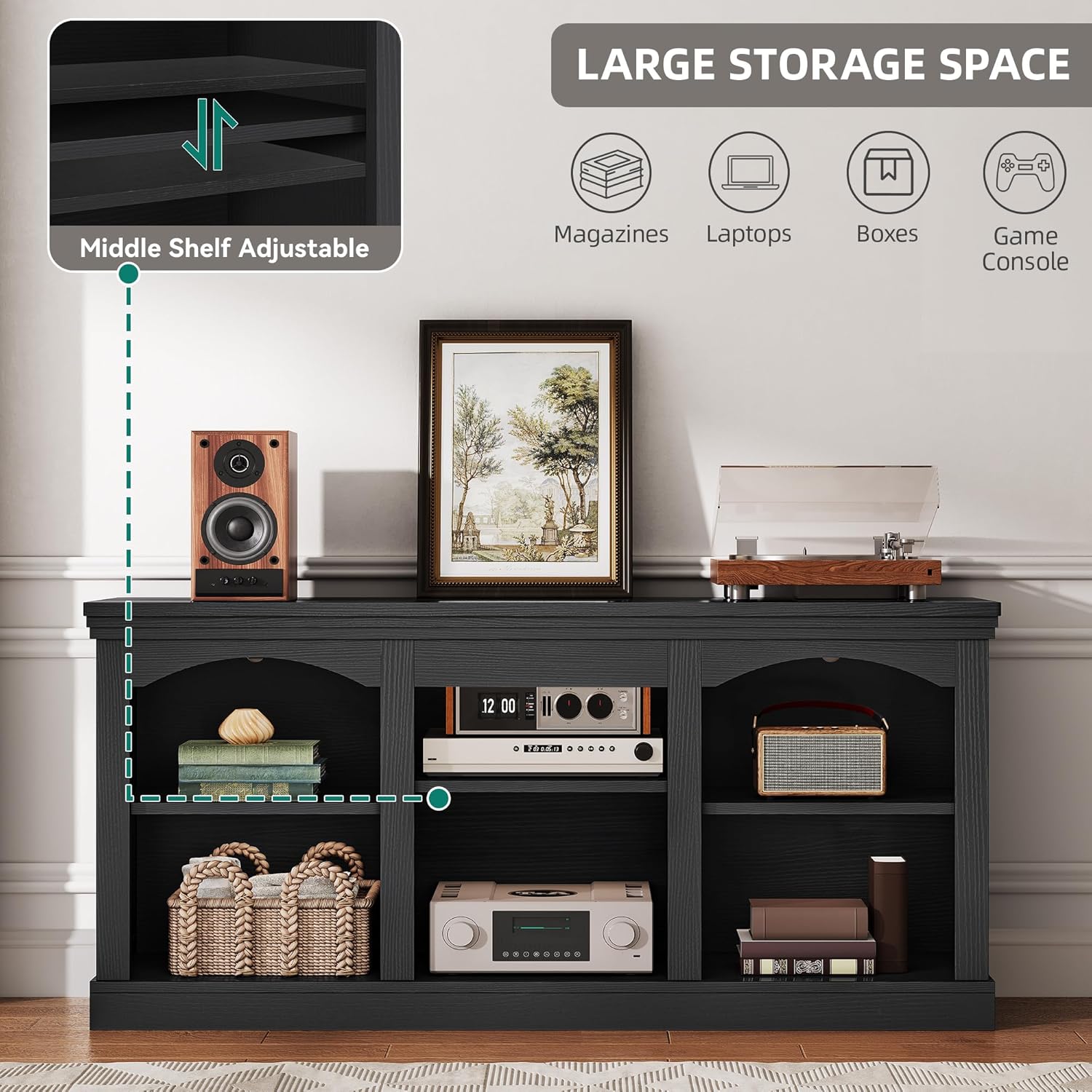 Image illustrating the large storage space and adjustable middle shelf of the TV stand.