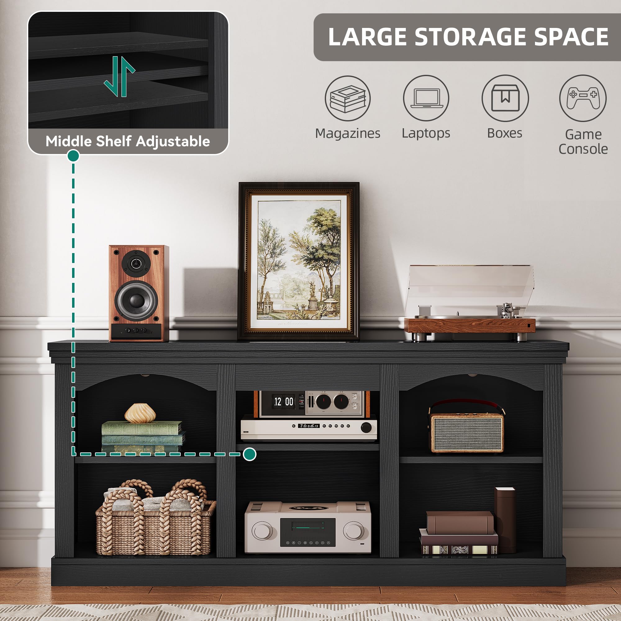 YITAHOME Farmhouse TV Stand with Cord Management for 75/80 Inch TV, Entertainment Center with Adjustable Shelf & Open Storage, 70" TV Console Table for Living Room (Black): Black 59"