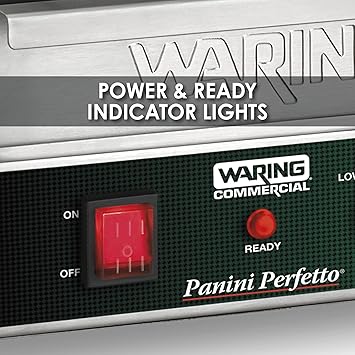 Waring Commercial Panini Press, Ribbed Cast Iron Plates, 9.75 x 9.25 Cooking Surface, 570F Adjustable Thermostat, for Sandwiches up to 3 Thick, Professional Kitchen Grill, 208V, WPG150B