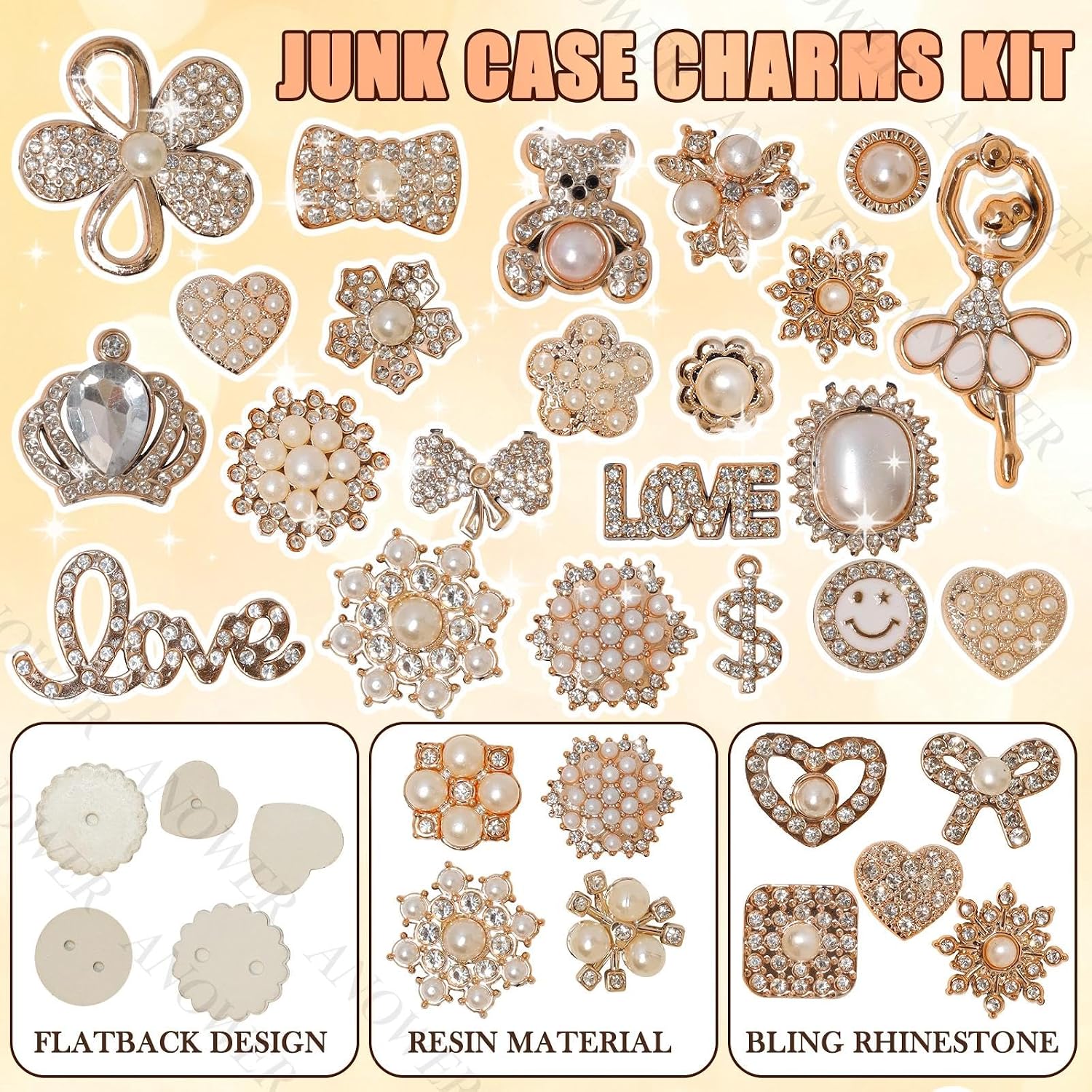 60Pcs White Gold Junk Case Charms, 3D Flatback Charms Crafts for Phone DIY | 3D bow, flower, crown, heart, butterfly, bear shapes, for phone case scrapbooking making, Kawaii decoden craft supplies