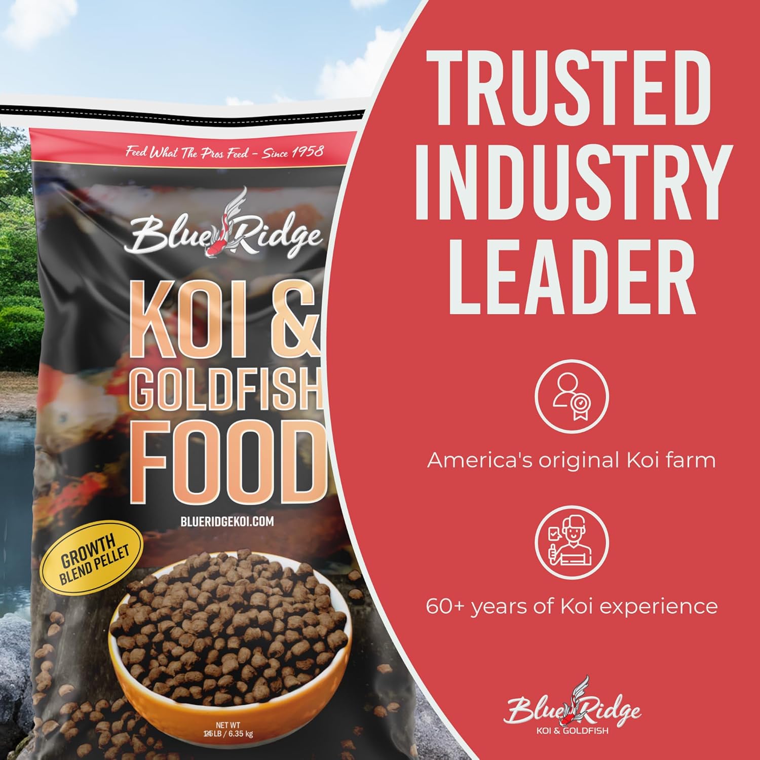 Blue Ridge Koi Fish Food 25lb - Koi Food 3/16” Large and Mini Blend Growth Formula, Goldfish Food, Premium Fish Food for Ponds, Ponds Fish Food, Floating Pond Pellets