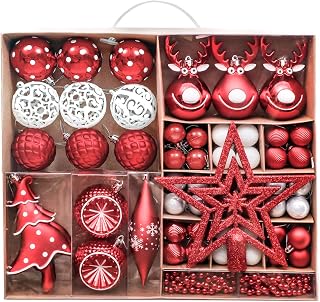 Victor's Workshop Weihnachtskugeln 92 TLG. Christbaumkugeln Set, Plastik Christbaumschmuck für Weihnachtsbaum Dekoration Feierlichkeiten Weihnachtsdeko Party Hausdeko Oh Hirsch Thema Rot Weiß