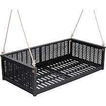 Patio Twin Size Garden Swing Bed, Acacia Wood Hanging Outdoor Swing Bench with Ropes, 2 Person Wood Rattan Garden Swing Chair for Patio Garden Backyard, Black