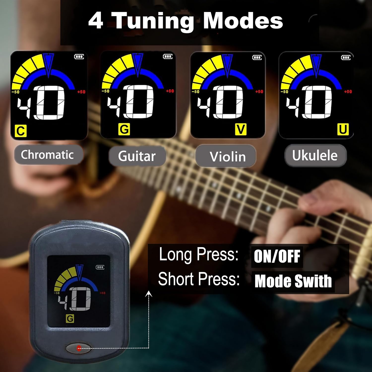 Rechargeable Clip On Tuner for Guitar Ukulele Violin Banjo Bass Mandolin etc,440Hz Chromatic Tuner with Precise Tuning & Colorful Display,Easy to Ues for Beginners(Type-C cable not included)
