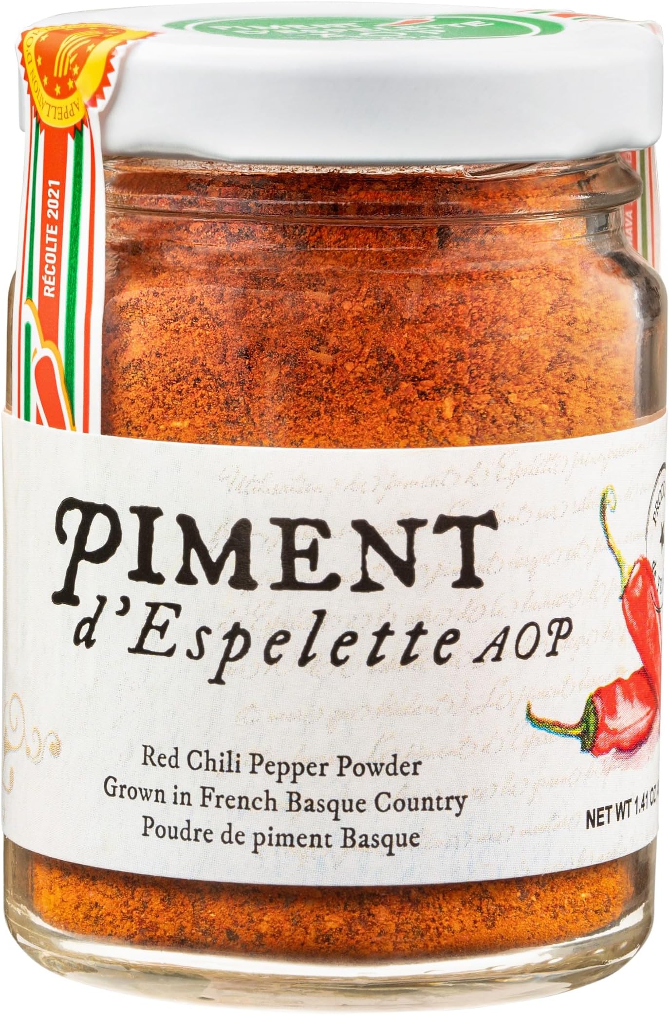 Piment d'Espelette Pepper Powder from Basque, France, Aromatic and Smokey with Mild Heat, Naturally Sun Dried Red Chili Seasoning for Mexican, Thai, Indian Food & More, AOP Classified, Non-GMO,1.41 oz Jar