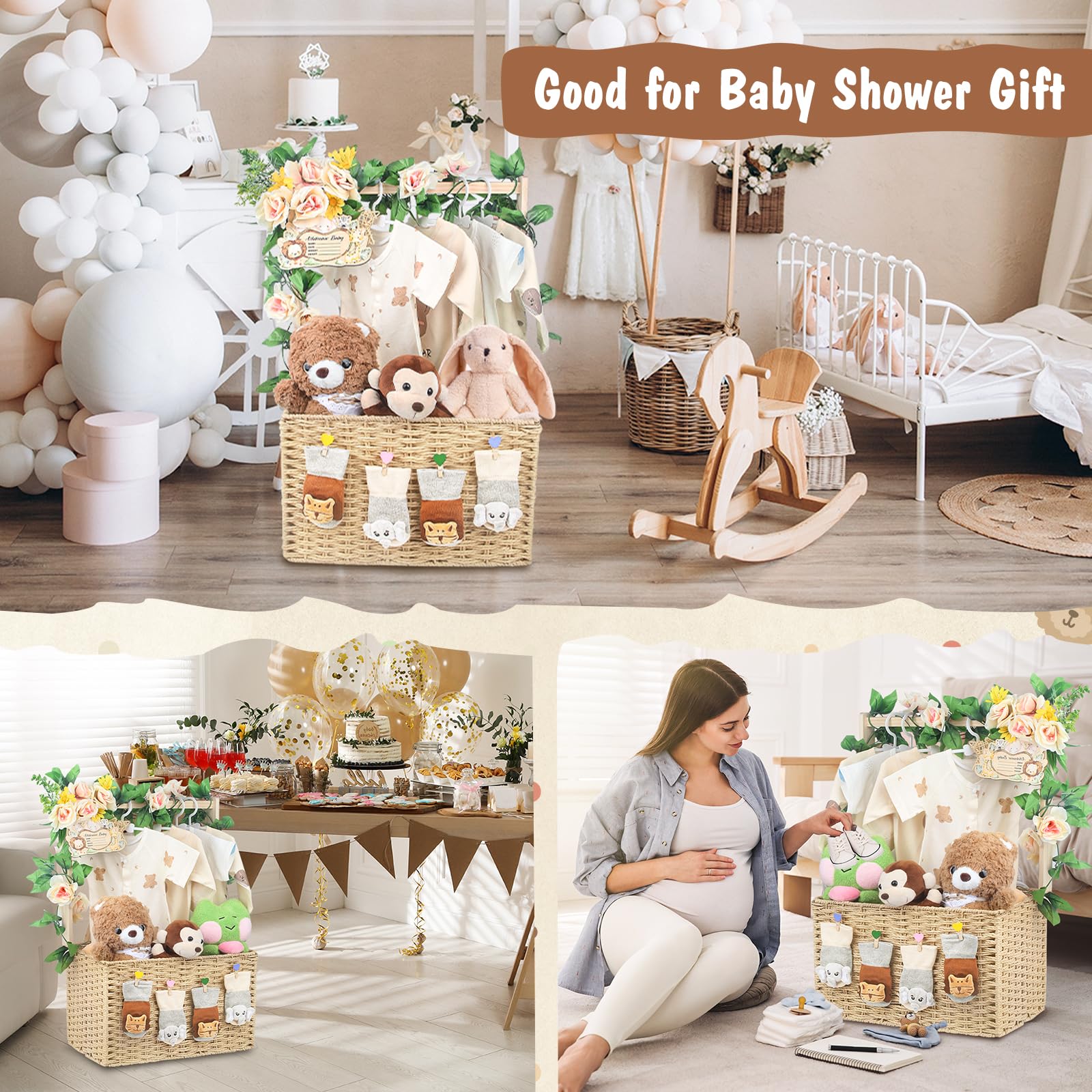 Wisreach Armario de madera para baby shower, cesta de almacenamiento plegable tejida a mano para regalos de baby shower, cesta de regalo de bienvenida para recién nacidos, niños y niñas, regalos de
