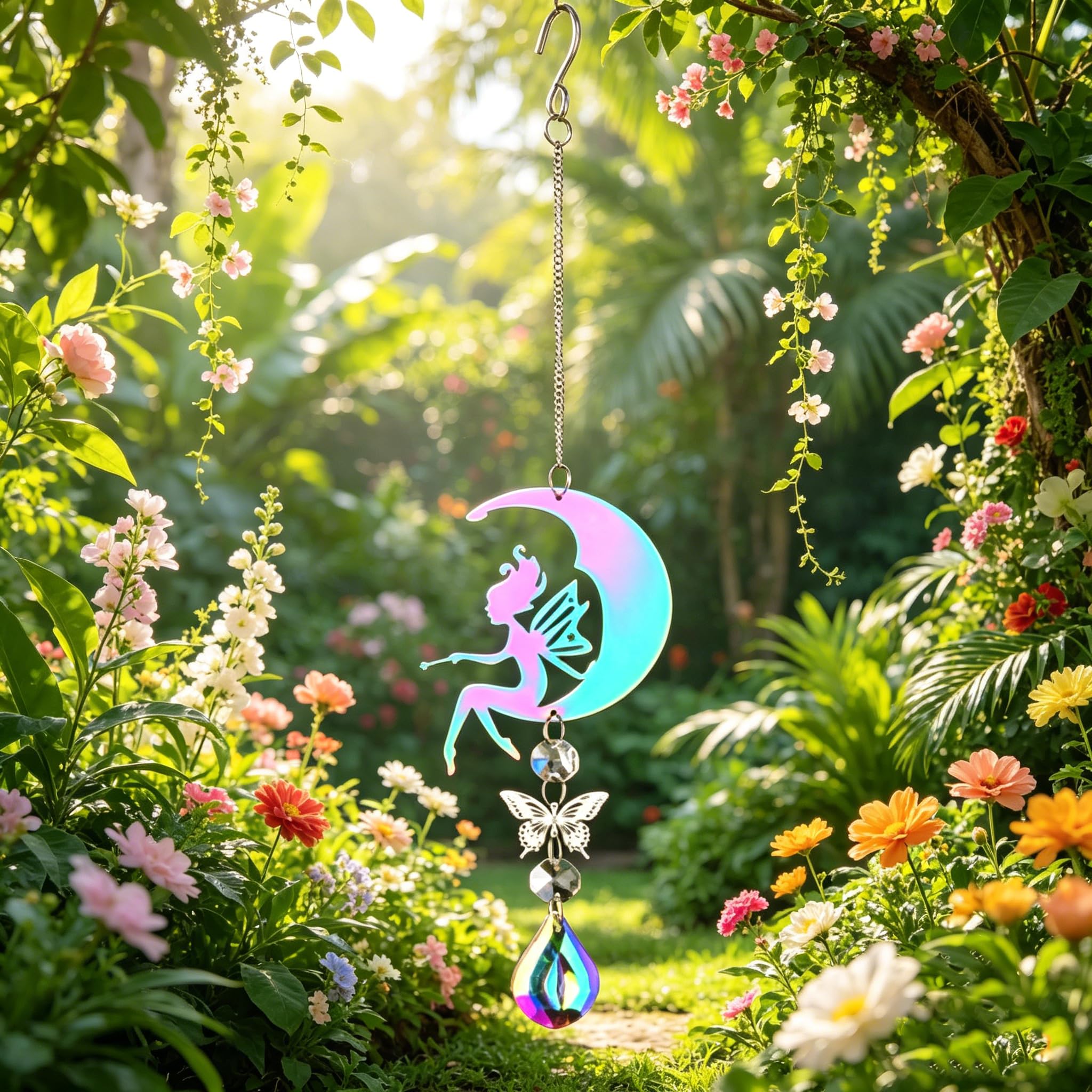 Durdiiy 3D Spiral Wind Chimes Gradient Colored Moon Angel Butterfly Wind Spinners for Outdoor Yard and Garden Decorations (color)