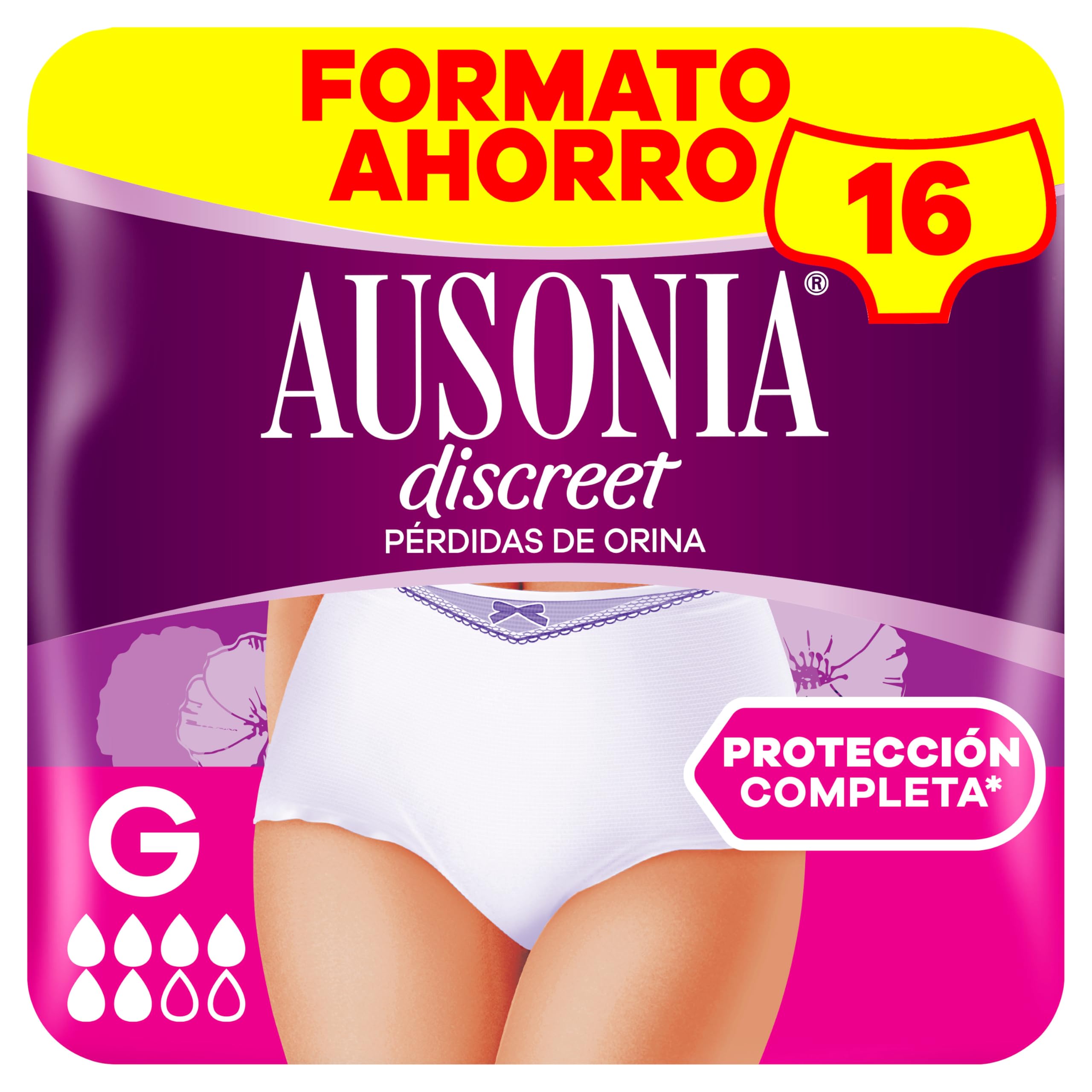 Ausonia Discreet Braguitas Para La Incontinencia Plus, Talla G, Pack de 16, Bloquea Pérdidas Y Olores, Cómodas Y Discretas