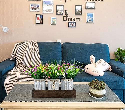 Miniatura 2 de CALAVAK Centro de mesa decorativo de madera con 3 macetas de metal artificiales para el aliento del bebé, plantas de gypsophila, decoración rústica