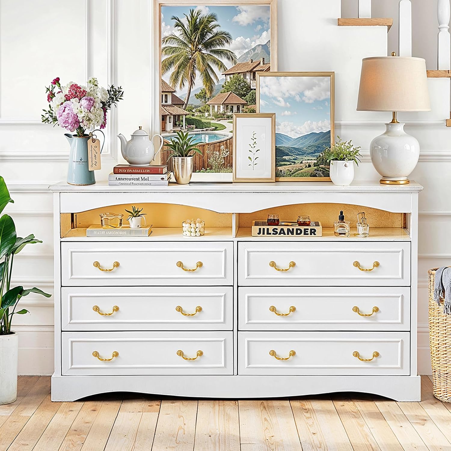 Vintage 6 Dresser for Bedroom, 55" Wide Wood Rustic Chest of Drawers with LED Lights, Farmhouse 6 Drawers Dresser with Natural Texture for Living Room, Hallway, Entryway, White