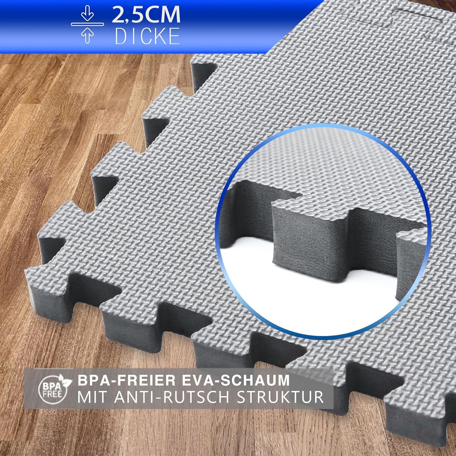 Eva Puzzlematte 2,5 cm extra dick – 150 % mehr Schutz – Fitnessmatte Bodenschutzmatte rutschfest – 32x32 cm – 6/18/36 Teile – für Heimtraining, Fitnessgeräte & Garage
