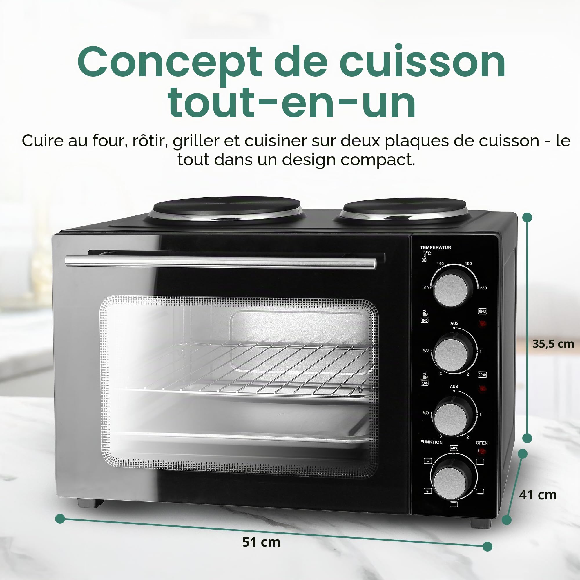 EMERIO MO-125236.4 Four de 32 litres + 2 plaques de cuisson | Chaleur tournante + chaleur de voûte et de sole | Minuterie + régulateur de température | Plaque de cuisson et grille de cuisson | Four de