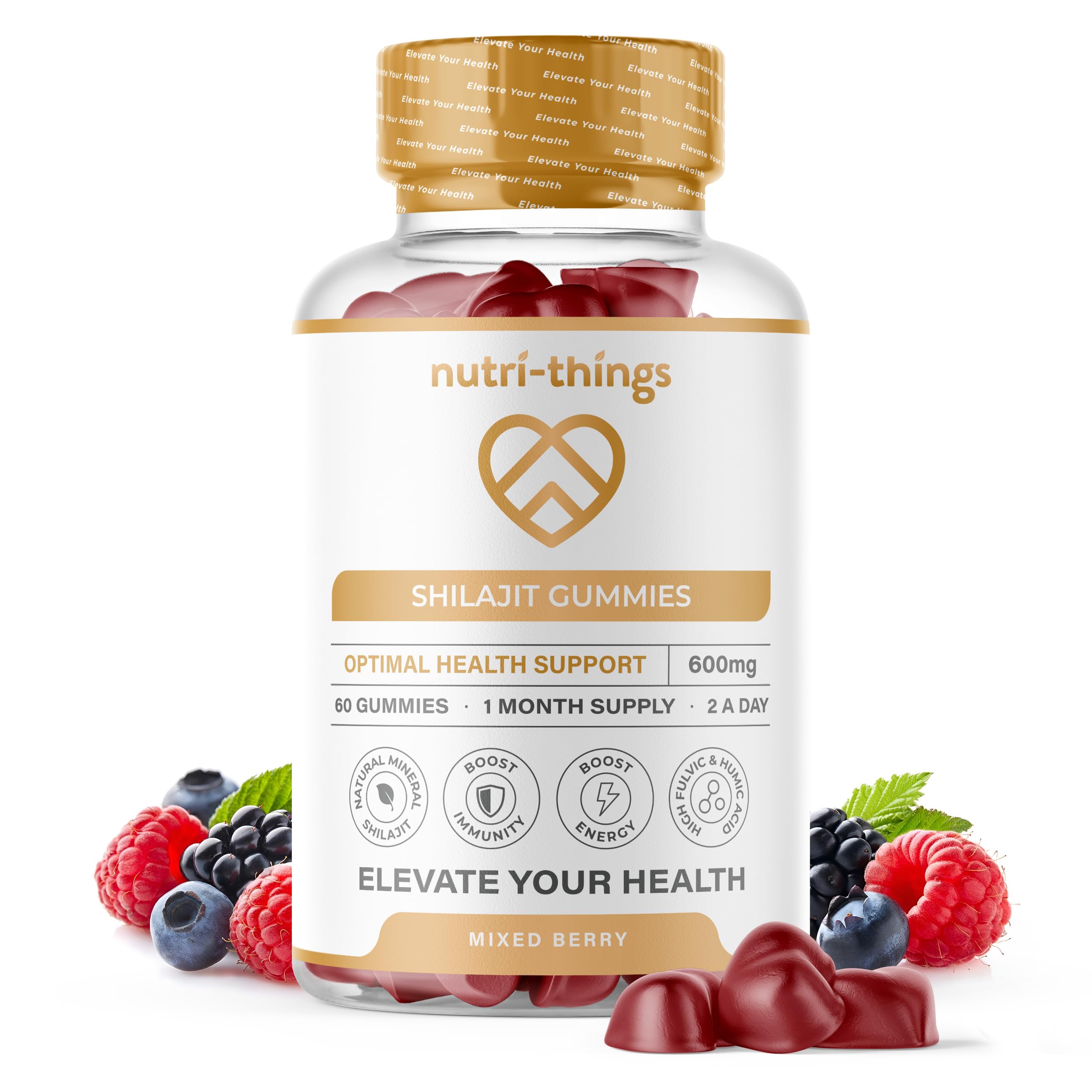Nutri-things Shilajit Gummies - 600mg Himalayan Organic Shilajit, Mixed Berry Flavor, 60 Gummies, 1 Month Supply, Natural Mineral for Optimal Health Support