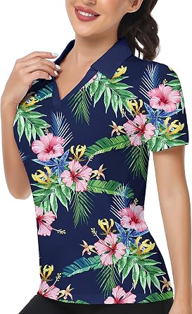 LLdress Womens Golf Shirts Printed Polo Shirts Short Sleeve Collared Moisture Wicking Athletic Sport Shirts