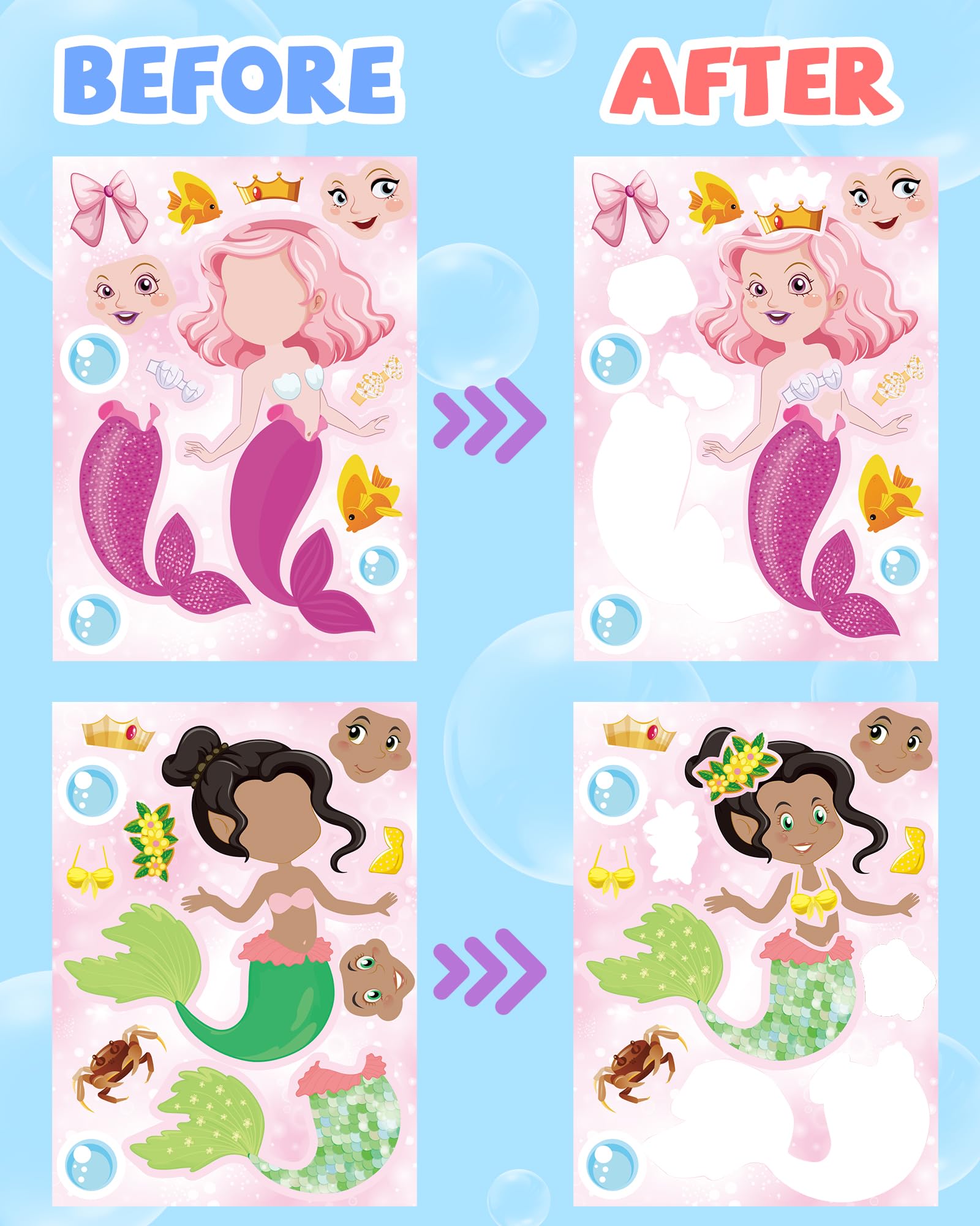 24-Pack Make-Your-Own Mermaid Sticker Sheets - Fun Craft Kits For Kids Party Favors