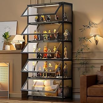 Curio Display Cabinet, 5-Tier Display Case with Acrylic Glass Doors, 67" Tall Transparent Bamboo Curio Display Shelf for Collectibles, Storage Cabinet for Playroom, Bedroom, Office, Living Room, Black