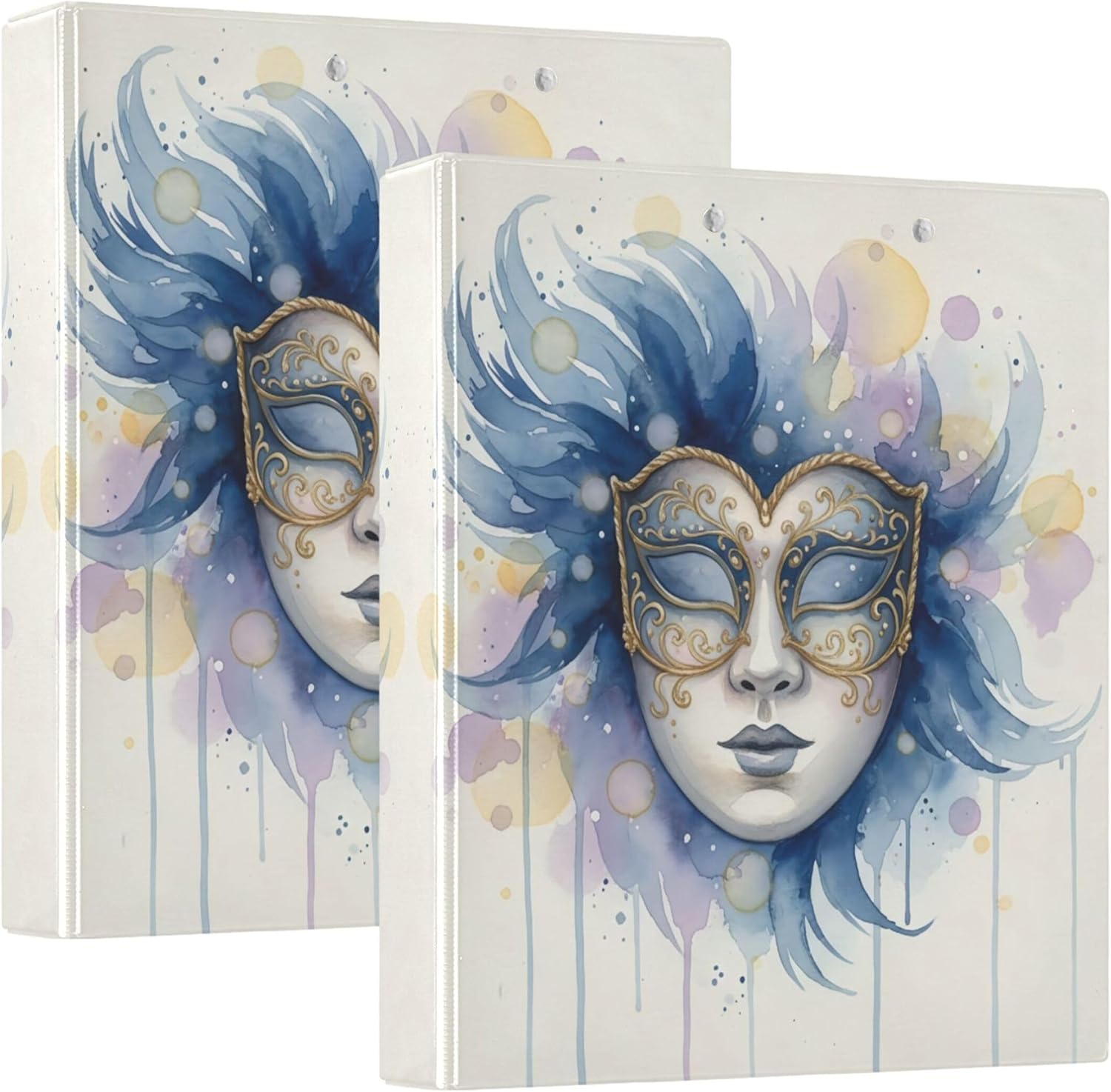 Mardi Gras Masks 3 Ring Binders, 1.5” Round Ring Binders with Clipboard - Letter Size, 3 Interior PVC Clear Pockets & Anti-Slip Clip for Office School Supplies, 2PCS
