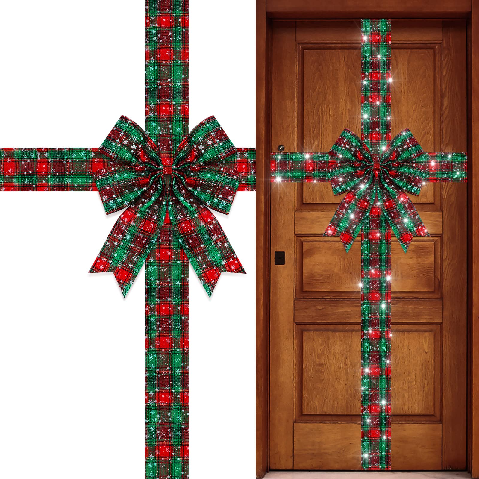 Spiareal Christmas Cabinet Door Ribbon Bow with LED Light Large Glowing Wreath Tree Festival Wrapping Decorations for Fireplace Home Front (Red Green Plaid)