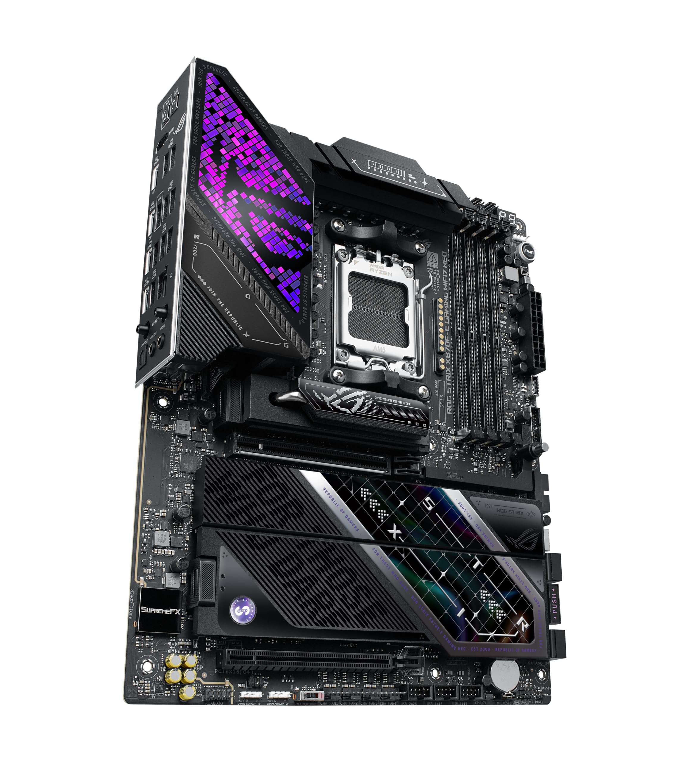 ASUS ROG Strix X870E-E Gaming WIFI7 NEO, placa base AMD ATX, 18+2+2 etapas de potencia, ranuras DDR5, cinco ranuras M.2, PCIe® 5.0 con soporte completo para GPU de próxima generación, Wi-Fi 7, USB 4