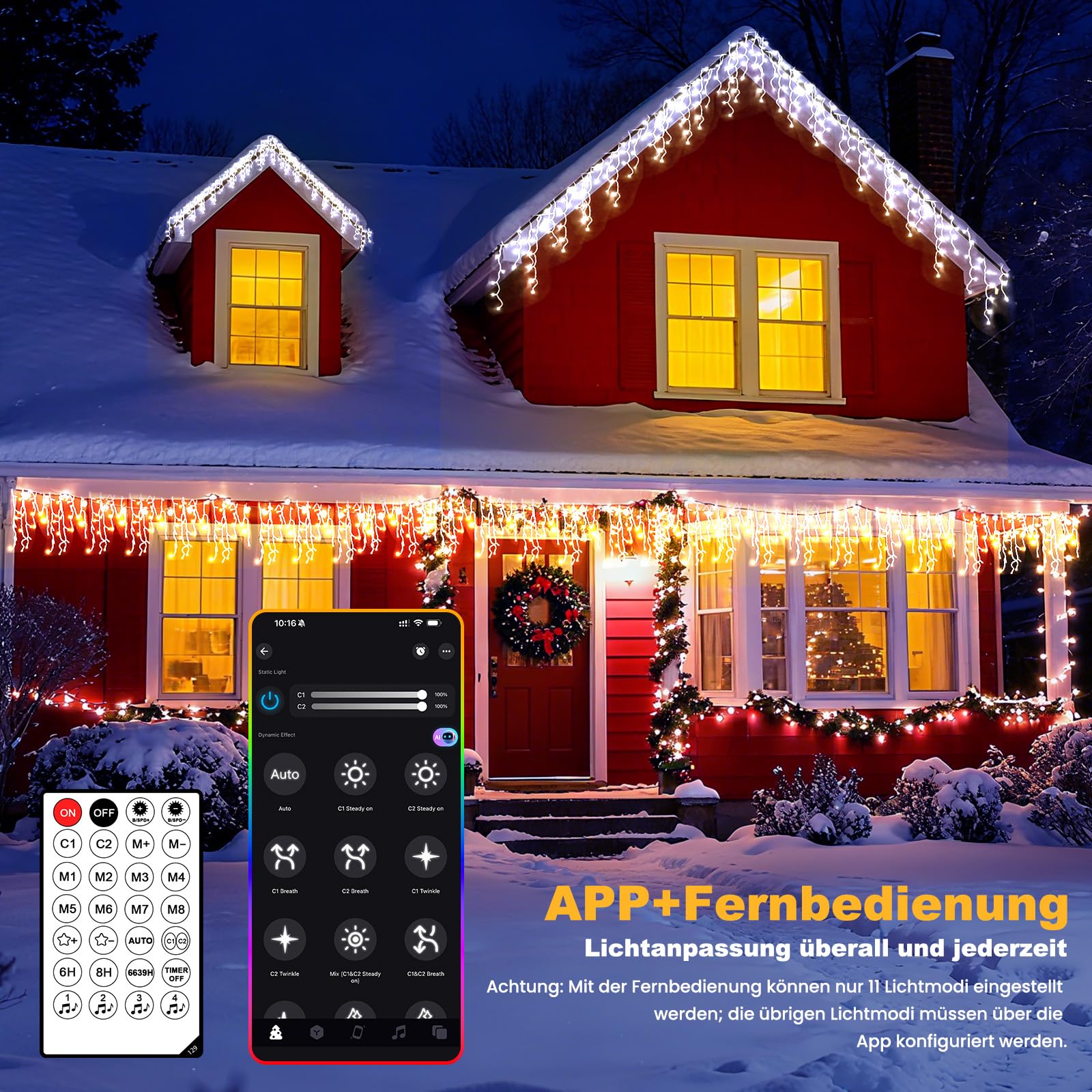 Weihnachtslichter für den Außenbereich, Eisregen Lichterkette Außen in Warmweiß und Kaltem Weiß, LED Lichtervorhang Aussen mit APP und Fernbedienung, 17 Modi+4 Helligkeiten+Timer (30M+5M-1200L,W/K)