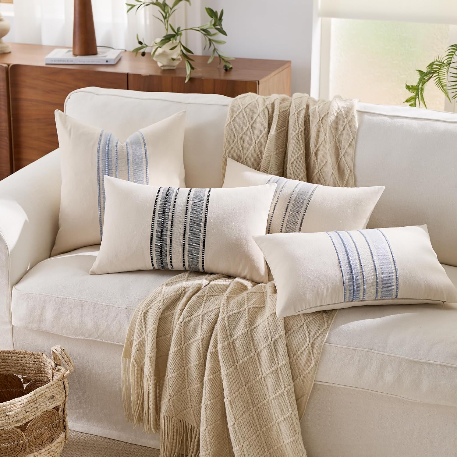 Striped Linen Textured Throw Pillow Covers 18x18 Inch Set of 2,Boho Decorative Cushion Covers, Classic Blue Accent Pillowcases for Couch, Sofa, Bed Farmhouse & Modern Living Room Decor